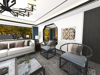 3D Chinese luxury private dining room - lounge