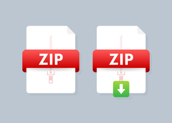 Fototapeta na wymiar Download ZIP button on laptop screen. Downloading document concept. File with ZIP label and down arrow sign. Vector illustration.