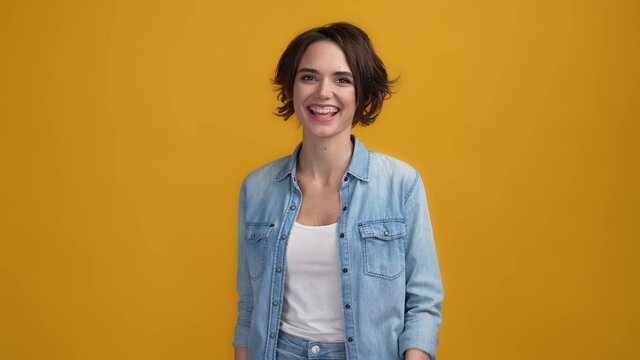 Excited lady tease make faces grimace isolated vibrant color backgroound