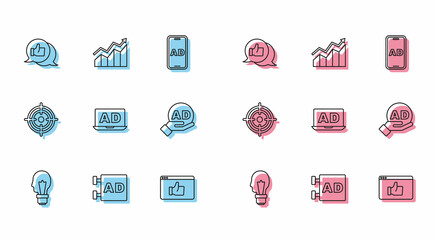 Set line Light bulb with concept of idea, Advertising, Customer product rating, Target and Financial growth increase icon. Vector