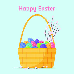 Easter basket with painted eggs and pussy willow. Flat vector illustration Happy Easter