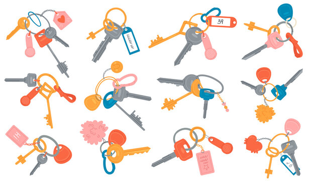Bunch with keys and keychains to lock and unlock home door set vector illustration. Cartoon collection with different keys, toys on chain hanging on keyring, security of house isolated on white