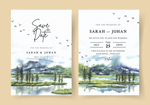Wedding invitation with reflection of pine trees and mountain in lake watercolor