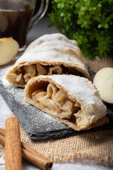 Strudel with apples sprinkled with powdered sugar on top. Traditional apple strudel with sprinkles