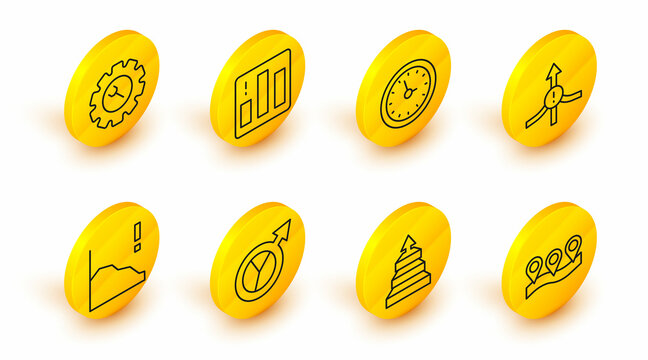 Set line Location, Pyramid chart infographics, Financial growth, decrease, Arrow, Clock, Pie and Wrench and gear icon. Vector