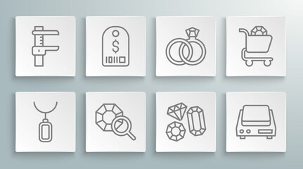 Set line Pendant on necklace, Price tag with dollar, Gem stone, Electronic jewelry scales, Wedding rings, Jewelry online shopping and Calliper or caliper and icon. Vector