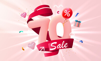 60 percent Off. Discount creative composition. 3d sale symbol with decorative objects, heart shaped balloons and gift box. Sale banner and poster. Vector illustration.