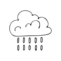 Cloudy weather with rain. Vector doodle cloud. Hand drawn meteorological forecast symbols. Rainy season. Web design thin line icon.
