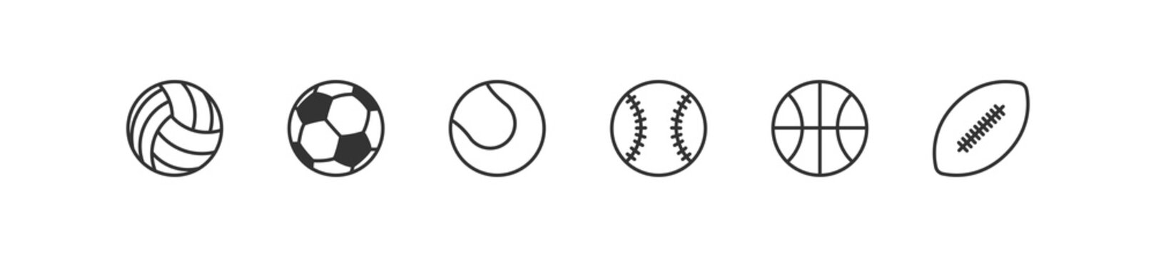 Sport ball black line icon set. Volleyball, football, tennis, baseball,  basketball isolated vector