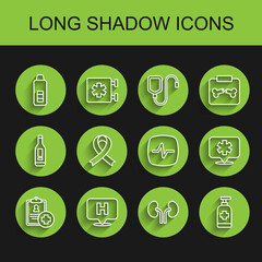 Set line Patient record, Location hospital, Digital thermometer, Human kidneys, Antibacterial soap, Awareness ribbon, and Heart rate icon. Vector