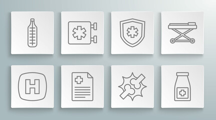 Set line Hospital signboard, Emergency - Star of Life, Patient record, Joint pain, knee pain, Medicine bottle and pills, insurance, Stretcher and Medical thermometer icon. Vector