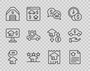Set line House with dollar, contract, Price negotiation, Real estate, Garage, Car shield, and rental icon. Vector
