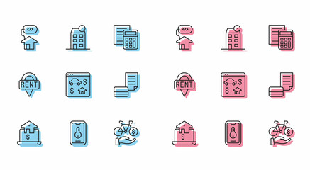 Set line Online real estate, House with dollar, Bicycle rental mobile app, Credit card, Location key and icon. Vector