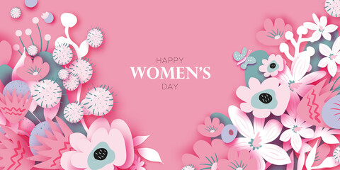 Floral Happy Womens Day. 8 March. Trendy Mothers Day. Paper cut Flowers. Origami Flowers. Spring blossom on pink. Heart frame. Text. Seasonal holiday. Modern decoration. Very peri.