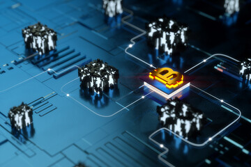 3D illustration of gold bitcoin digital cryptocurrency over sci-fi background.