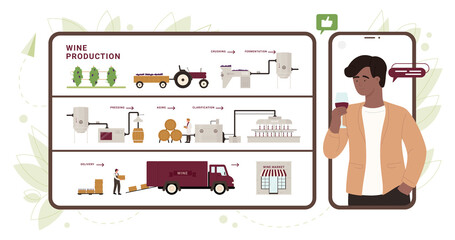 Wine production in winery, infographic vector illustration. Cartoon industrial winemaking process with equipment in factory, bottling technology and delivery, customer tasting wine product in glass