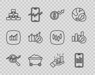 Set line Search data analysis, Mobile with graph, Financial growth dollar, Coal mine trolley, Hierarchy organogram, and icon. Vector