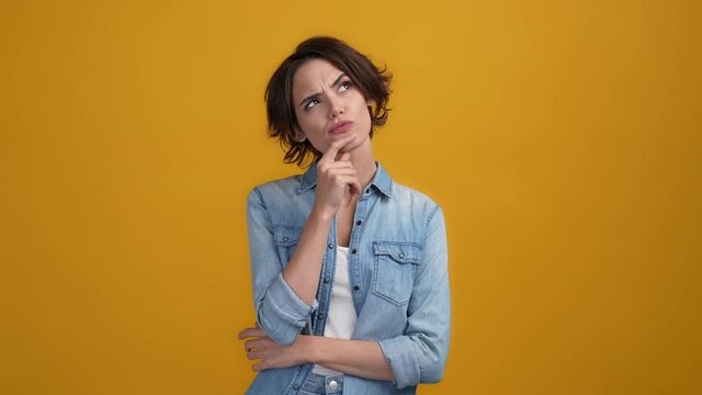Pensive lady ponder excellent mind isolated bright color background