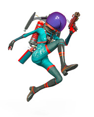 alien girl astronaut is holding a gun and jumping in action