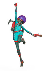 Obraz premium alien girl astronaut is holding a gun and jumping