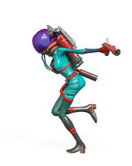 alien girl astronaut is holding a gun and running side view