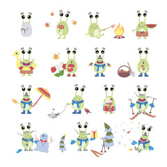 Set of cartoon monsters in different seasons