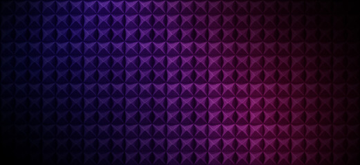 Acoustic foam with pink and blue lights. Soundproof room wall background. Recording studio texture banner.
