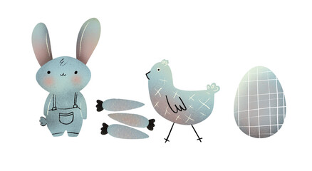 Cute cartoon rabbit, chicken, carrots, eggs. Funny furry gray hares, Easter bunnies standing. Set of flat cartoon illustrations isolated on white background
