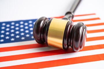 Obraz na płótnie Canvas USA America flag with gavel for judge lawyer. Law and justice court concept.