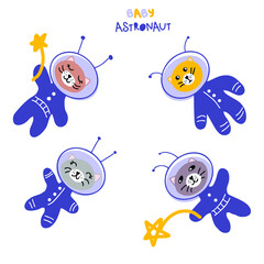Hand drawn cats baby astronauts collection. Perfect for T-shirt, stickers, textile and print. Cartoon style vector illustration for decor and design. 
