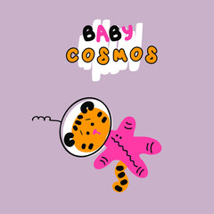 Hand drawn tiger cub astronaut and text BABY COSMOS. Perfect for T-shirt, sticker, postcard and print. Cartoon style vector illustration for decor and design. 

