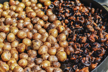Small potatoes with fresh mushrooms roasted on big grill