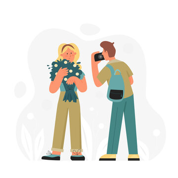 Man taking photo her beloved girl with flowers. Happy and romantic relationship connection flat vector illustration
