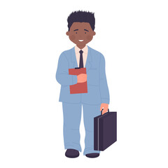 Dark skin little boy dreaming to be businessman with briefcase. Professional company manager in suit dressed
