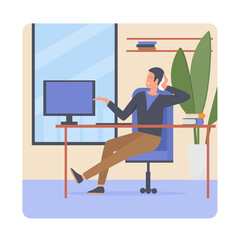 Employee man sitting at office table with computer. Organizing and coordinating administrative operations flat vector illustration