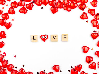 Abstract Background of Red Hearts and the word Love. Concept congratulations , Love.