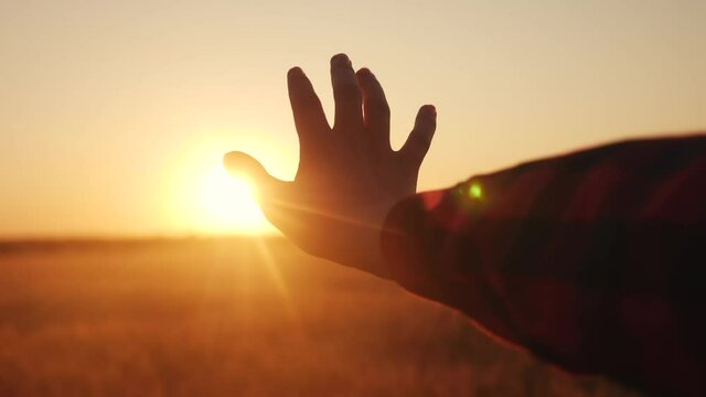 hand reaches for the sun. religion life freedom concept. girl pulls her hand to the sun at sunset close-up nature energy. religion work on oneself lifestyle concept