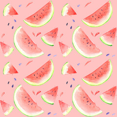Watermelon piece pattern watercolor art eat pink red seamless repeat pink background summer fruit cafe ice cream taste wrapping paper