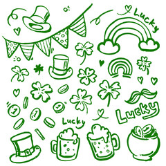 Patrick's Day Vector Set Clover Luck Coins Beer Hat Top Hat Money Pot Rainbow Luck Mustache Four Leaf Clover Flags Congratulation Holiday Festival