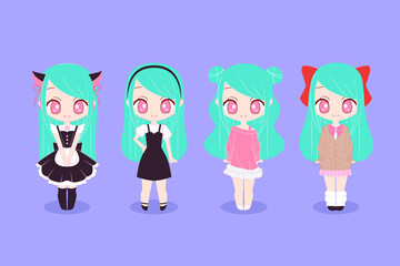 Set of cute chibi anime fashion girls