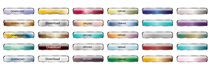 Colored rectangle buttons. Set of Web Icon Download Apluad.Set of editable glossy web buttons on white background.Colored  buttons.   Rectangle glossy keys. Blank shiny colored buttons. 