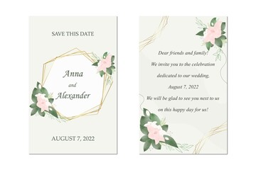 A set of cards for a wedding invitation, RSVP, menu, date saving. Postcards with flowers and wedding design. Vector