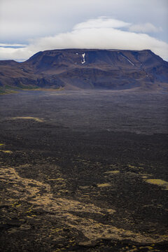 Aerial view of Blafjall tuya volcano and the rugged landscape between Myvatn and the Bardarbunga eruption at Holuhraun, Central Highlands, Iceland