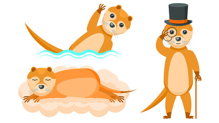 Obraz na płótnie Canvas Set Abstract Collection Flat Cartoon Different Animal Otters In A Top Hat And With A Cane, Swim, Floats, Sleeping On A Cloud Vector Design Style Elements Fauna Wildlife