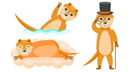 Fototapete Affe Set Abstract Collection Flat Cartoon Different Animal Otters In A Top Hat And With A Cane, Swim, Floats, Sleeping On A Cloud Vector Design Style Elements Fauna Wildlife