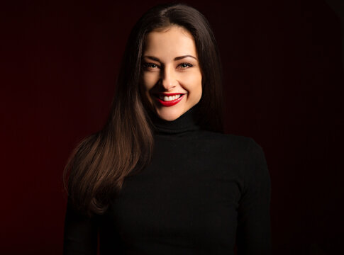 Beautiful Confident Happy Smiling Business With Healthy Long Brown Hair Style Woman On Red Background With Empty Copy Space. Closeup Portrait