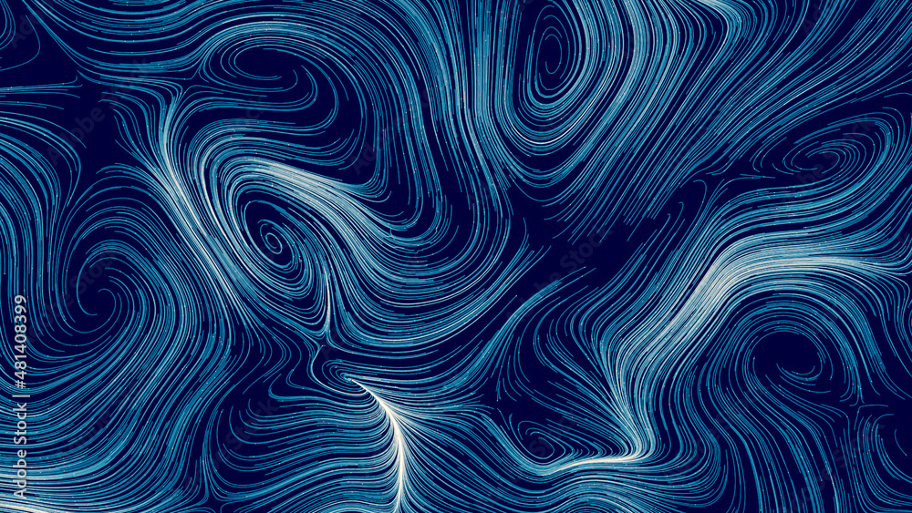 Wall mural animation of orange and blue abstract curved lines with small light particles flowing along them. 3d