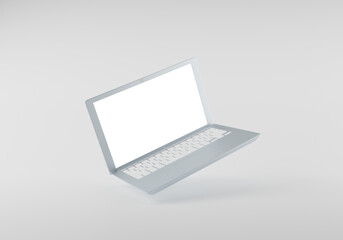 Laptop 3d computer blank white screen mockup on white background. Minimal technology 3d rendering illustration, lean view mock-up.