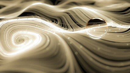 Animation of sepia brown abstract curved lines and shapes with a glass sphere among them and small light particles flowing along. Depth of field settings. 3D rendering