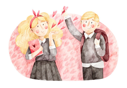 Little girl sending air kiss to boy. Students in school uniform. St. Valentine's Day illustration for greeting card. Watercolor hand-drawn picture